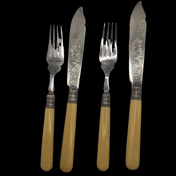 FB Rogers FISH Fork Knife SET English Silverplate Celluloid Handles EPNS - Picture 6 of 8